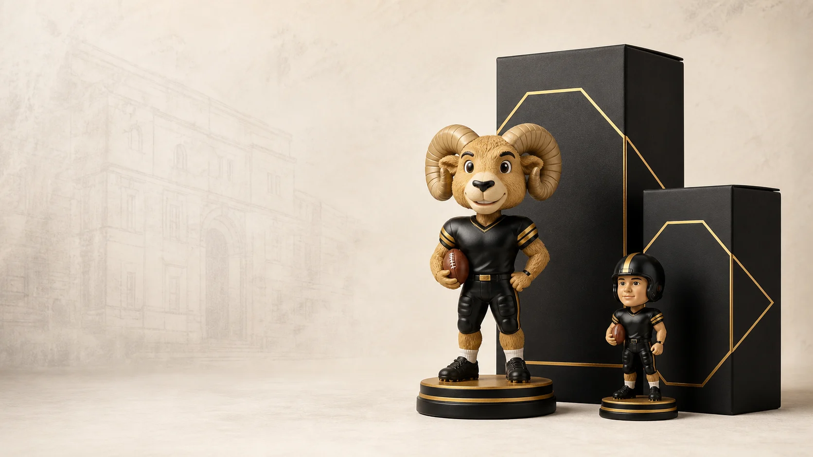 Ram and football player mascot collectibles displayed beside premium presentation boxes