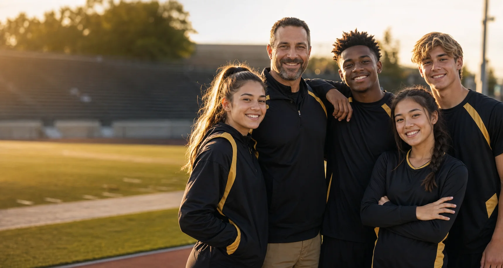 Student athletes and their coach together on a school field